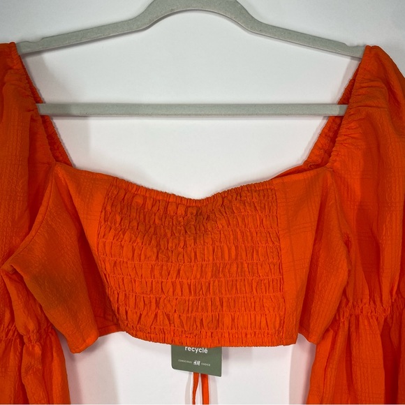 H&M Balloon-Sleeved Cropped Blouse Top Orange Size M Rave Festival Tie Front - Picture 9 of 12